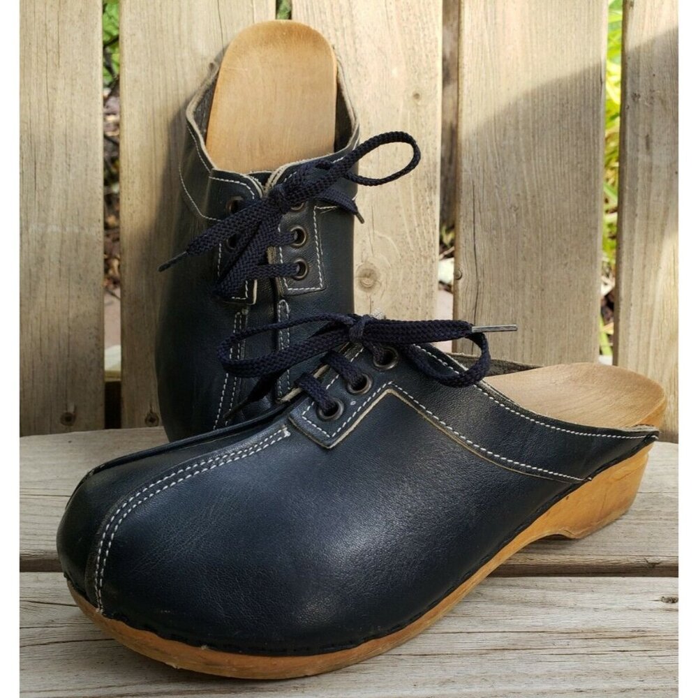 70s Leather Wood Clogs Womens Sz 6 Blue Mules Festival Vintage Hippie Shoe